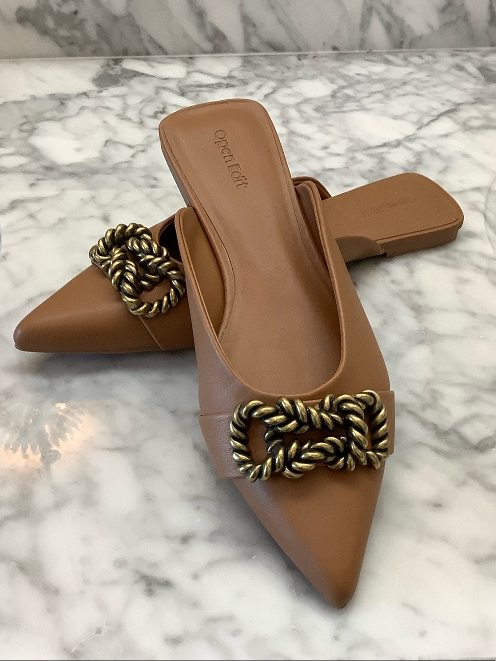 Open Edit Tan Pointed-Toe Mules with Gold Chain Accent 8